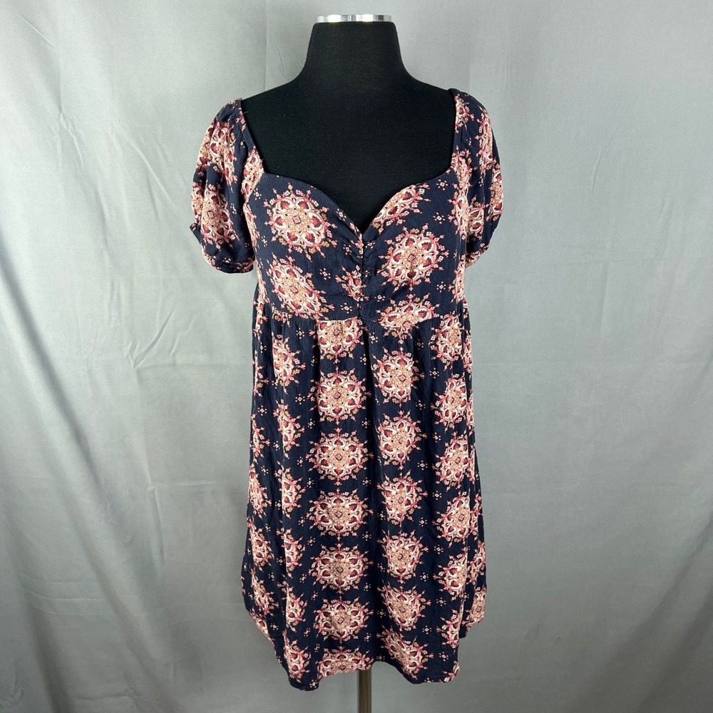 Volcom Thee Metallion Dress Womens XL Midnight Blue Gathered Panel Puff Sleeve
